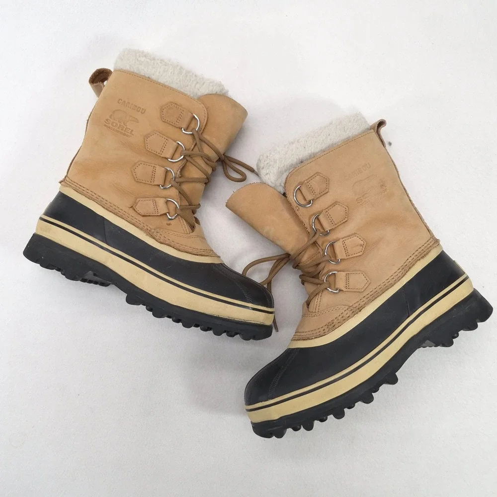 Sorel Caribou Tan Black Leather Waterproof Winter Snow Boots Lace Up Size 8